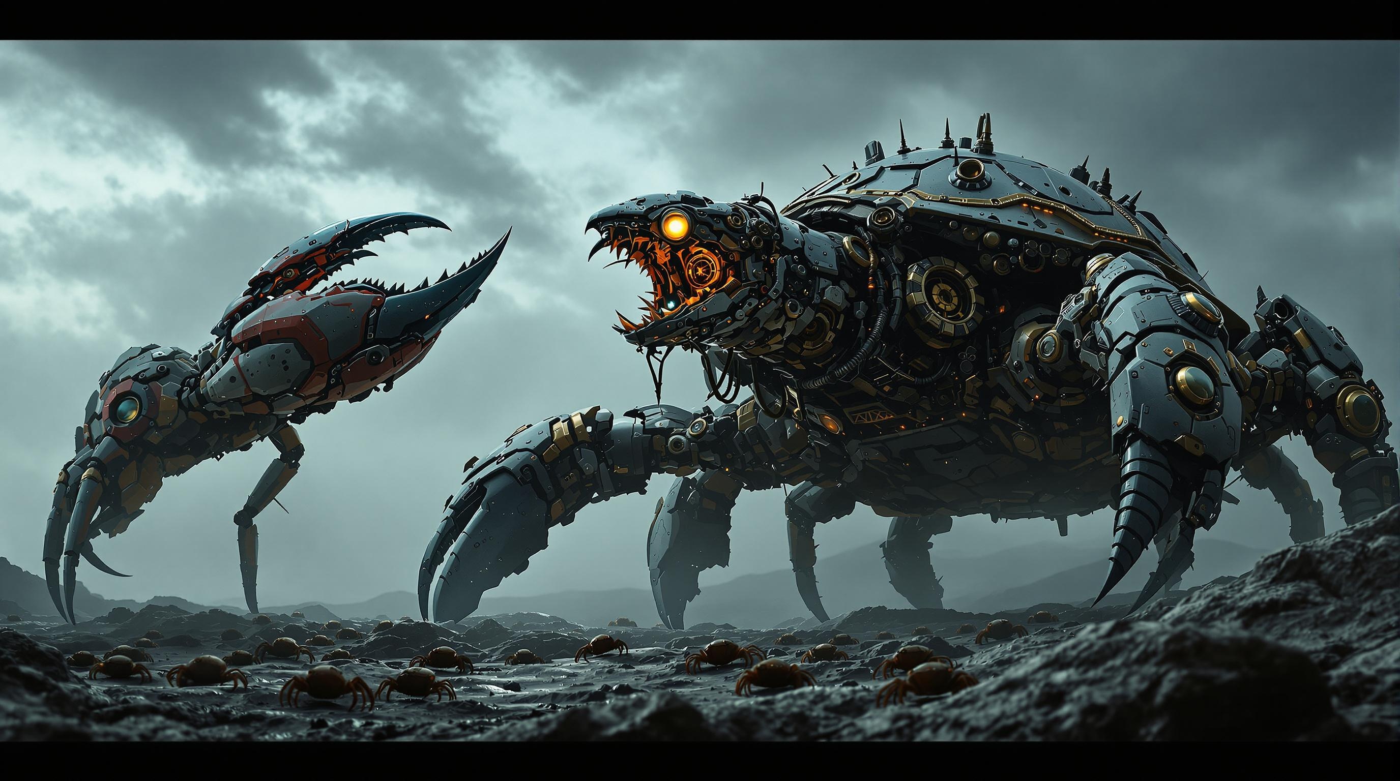 A dramatic confrontation between a massive, steampunk-inspired ro