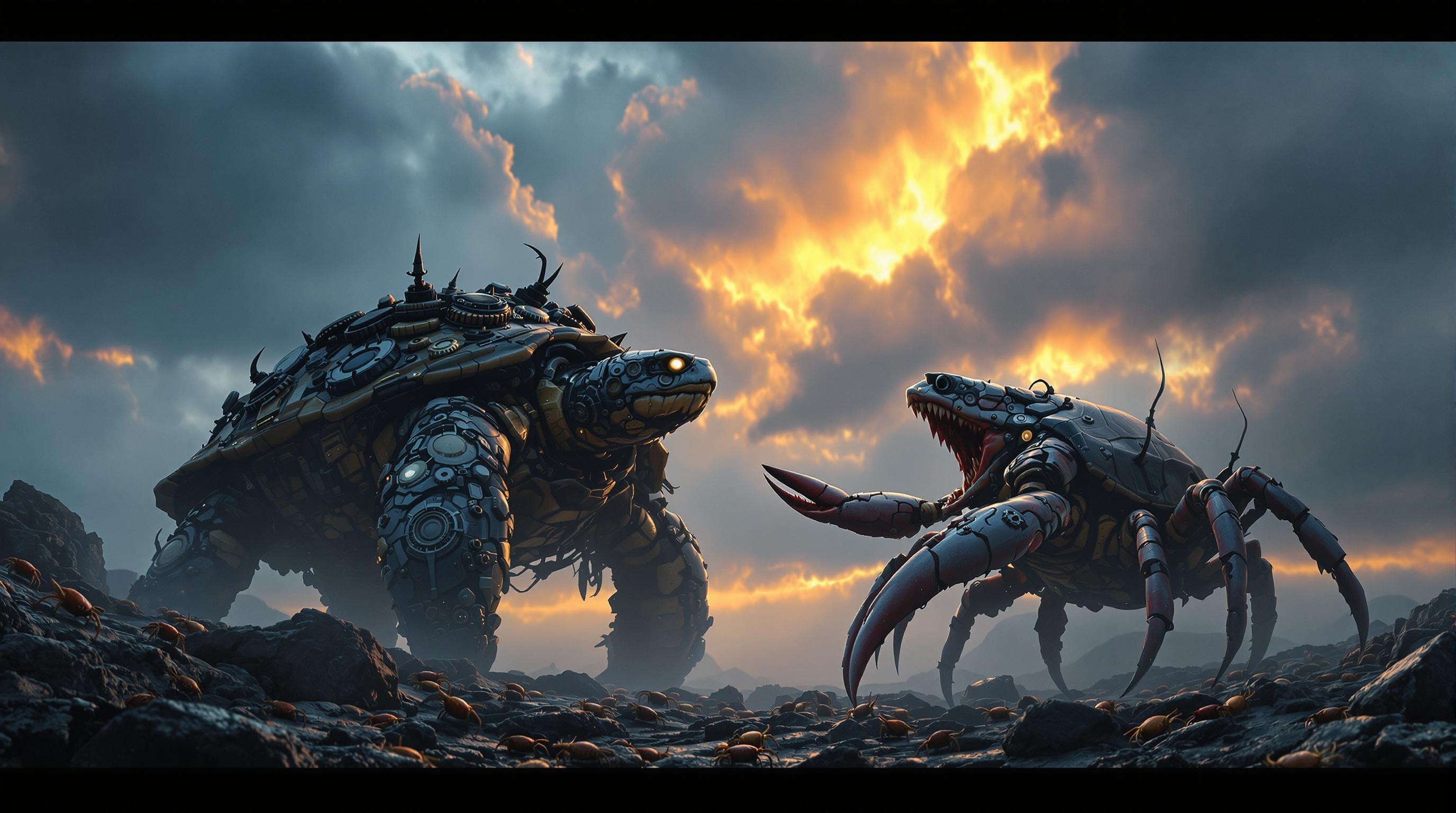A dramatic confrontation between a massive, turtle and a giant cr