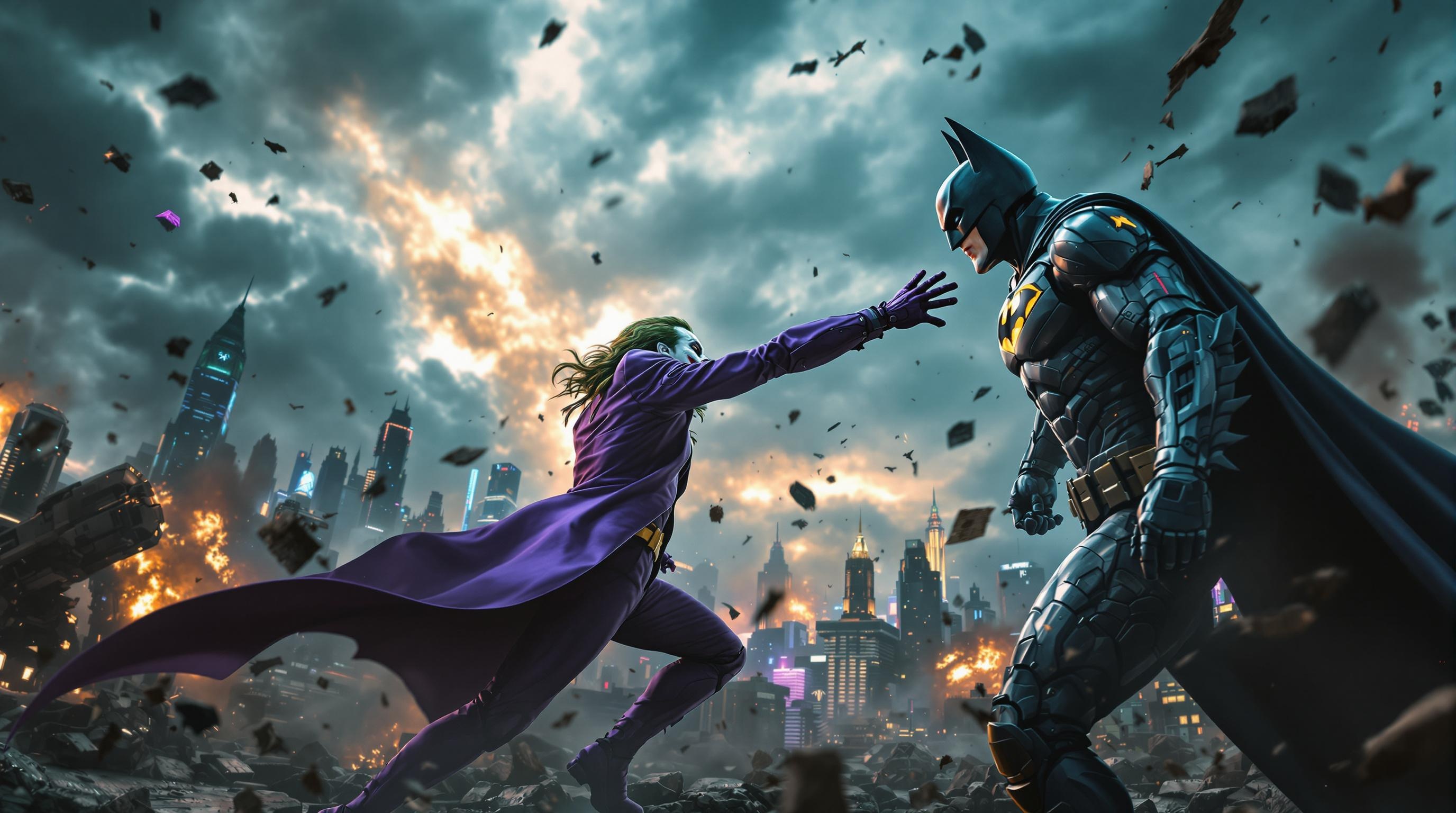 A dramatic showdown between the Joker and Batman, set against a c