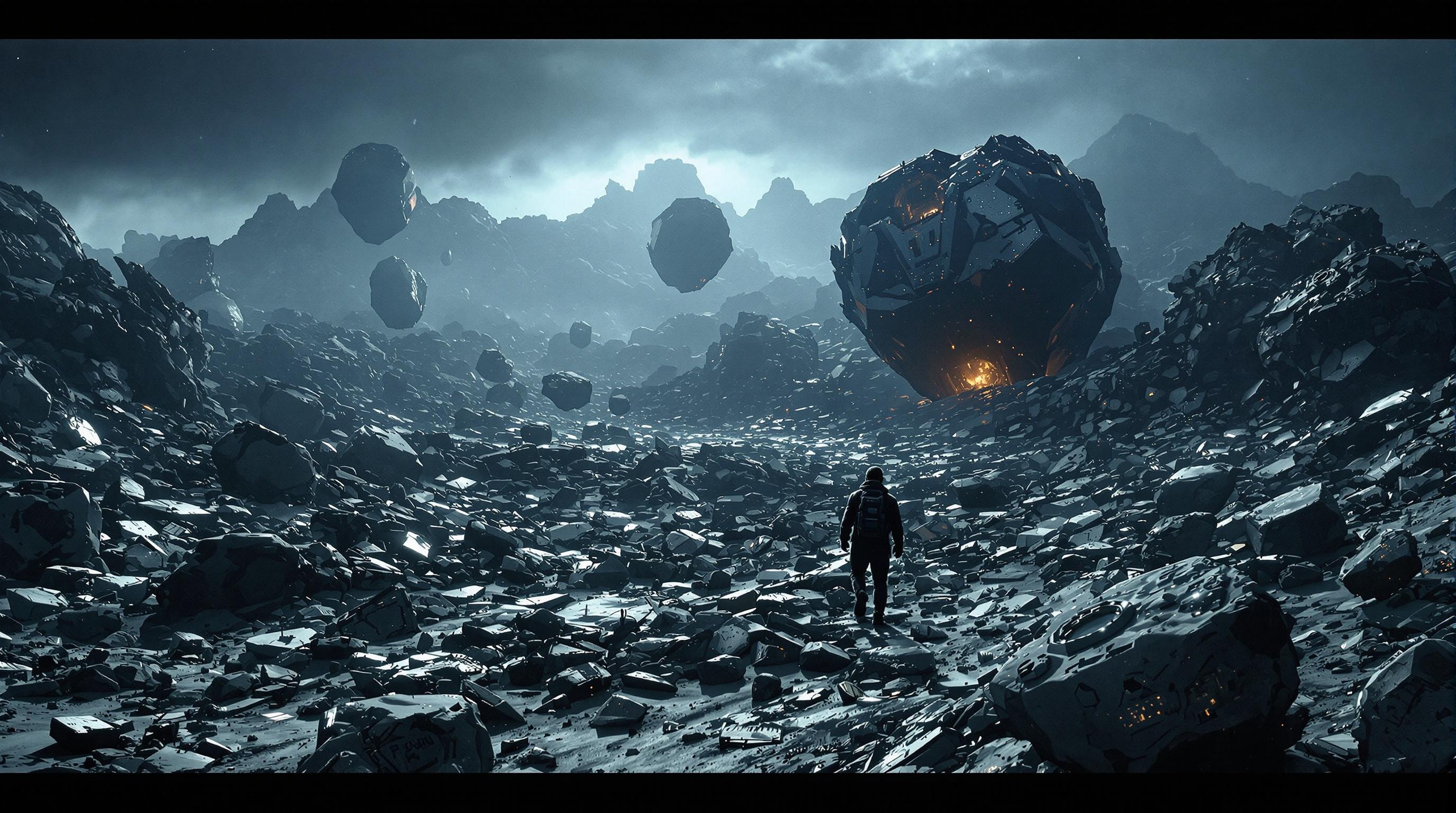 A field of drifting asteroids scattered with spaceship wreckage a