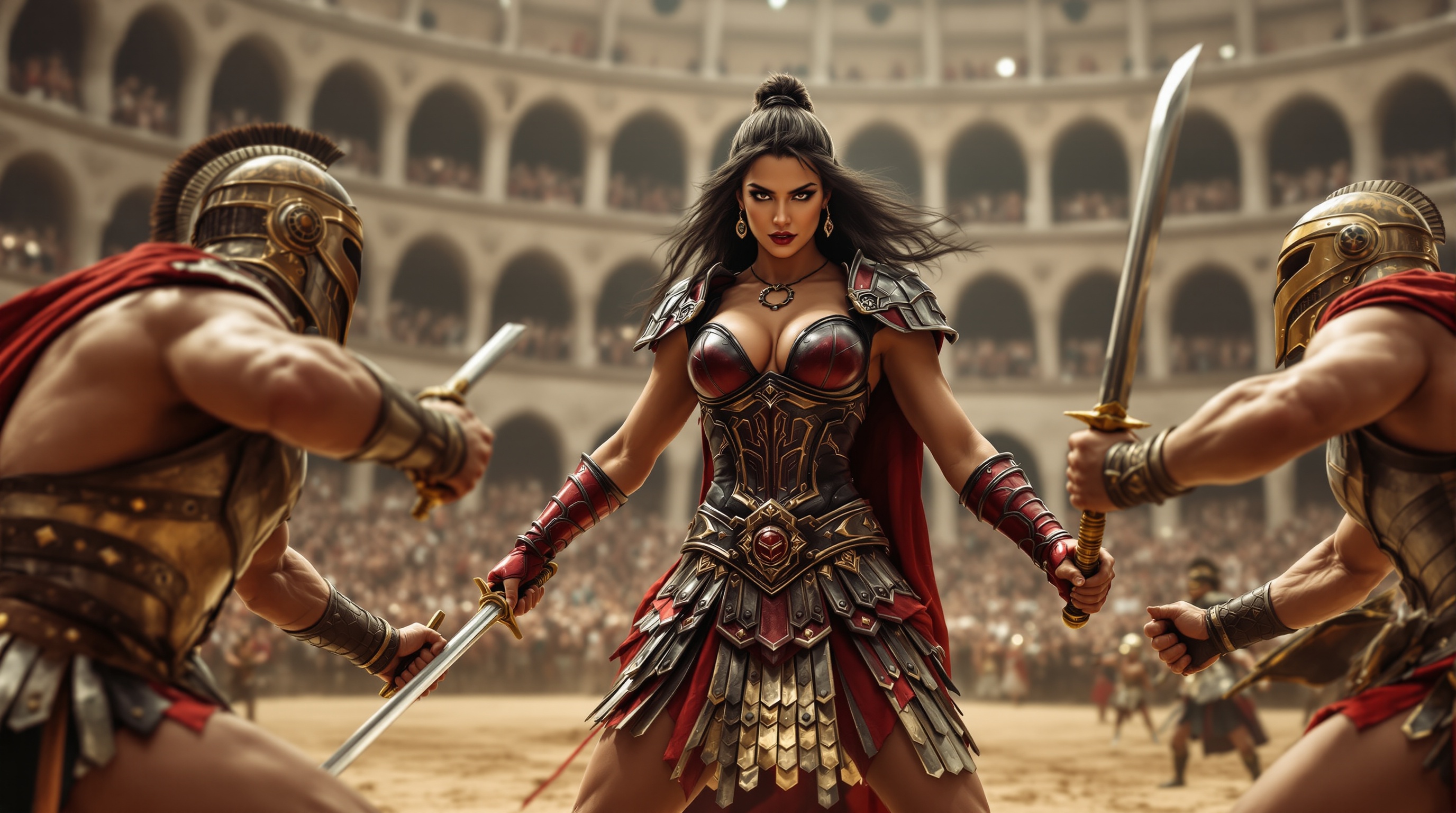 A fierce female dark brunette standing confidently in an attackin