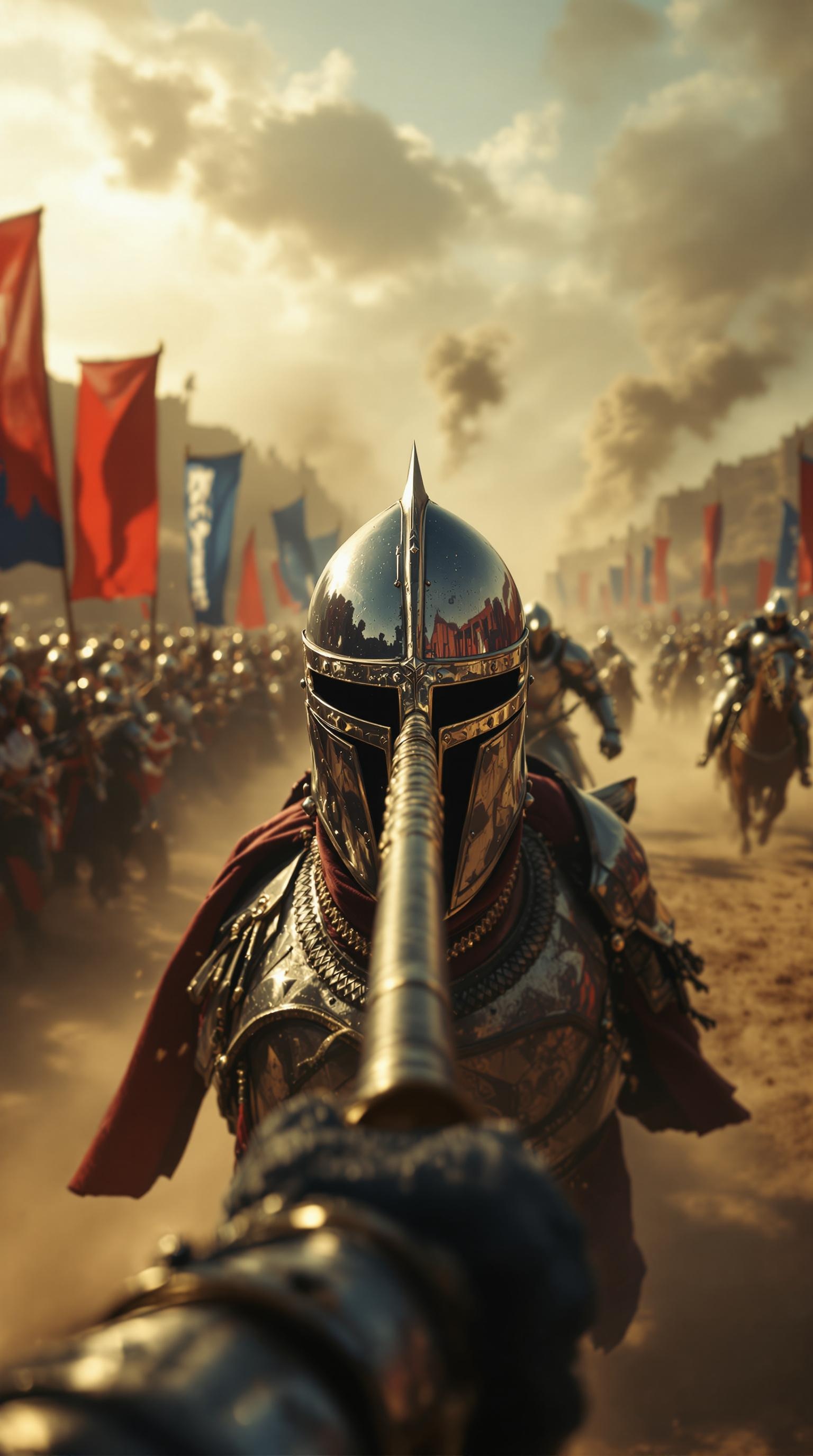 A first-person perspective of a medieval knight charging forward