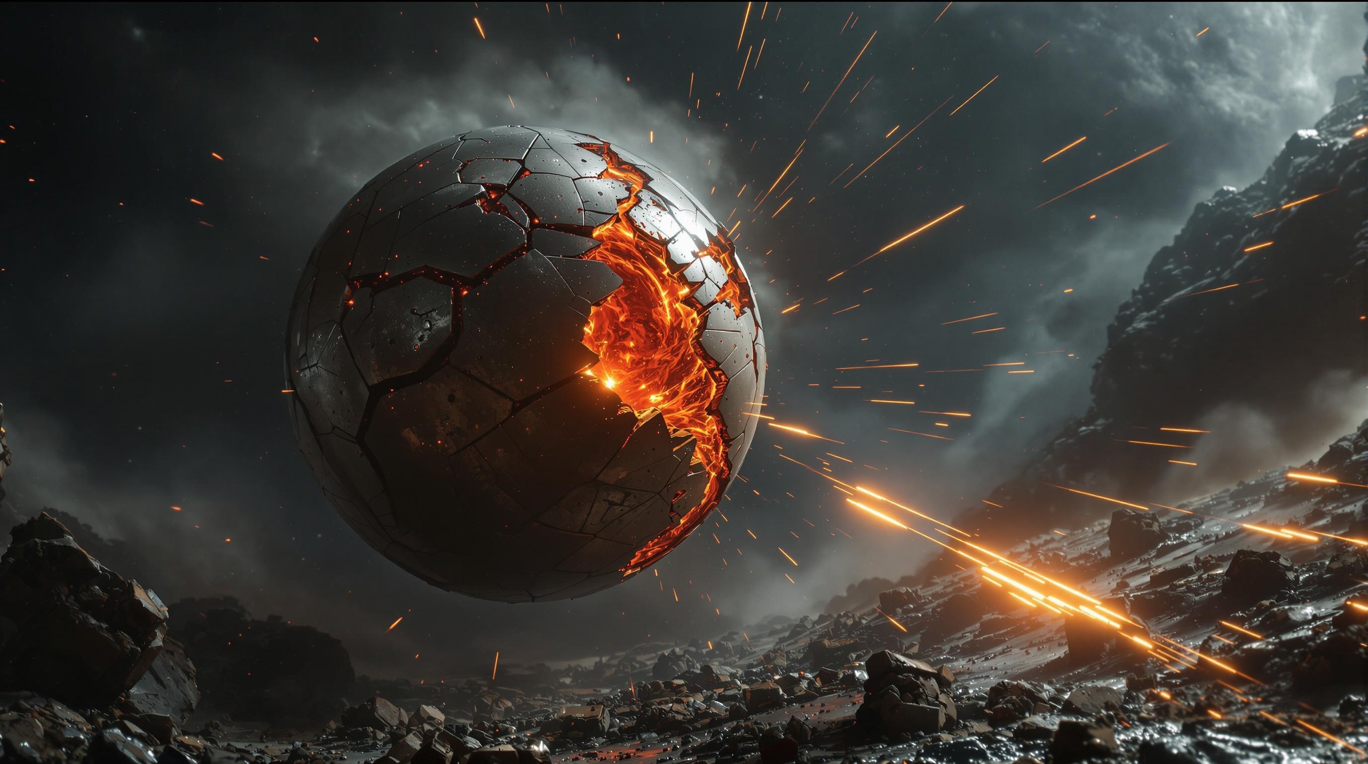 A fractured metallic sphere floating in deep space, its molten in