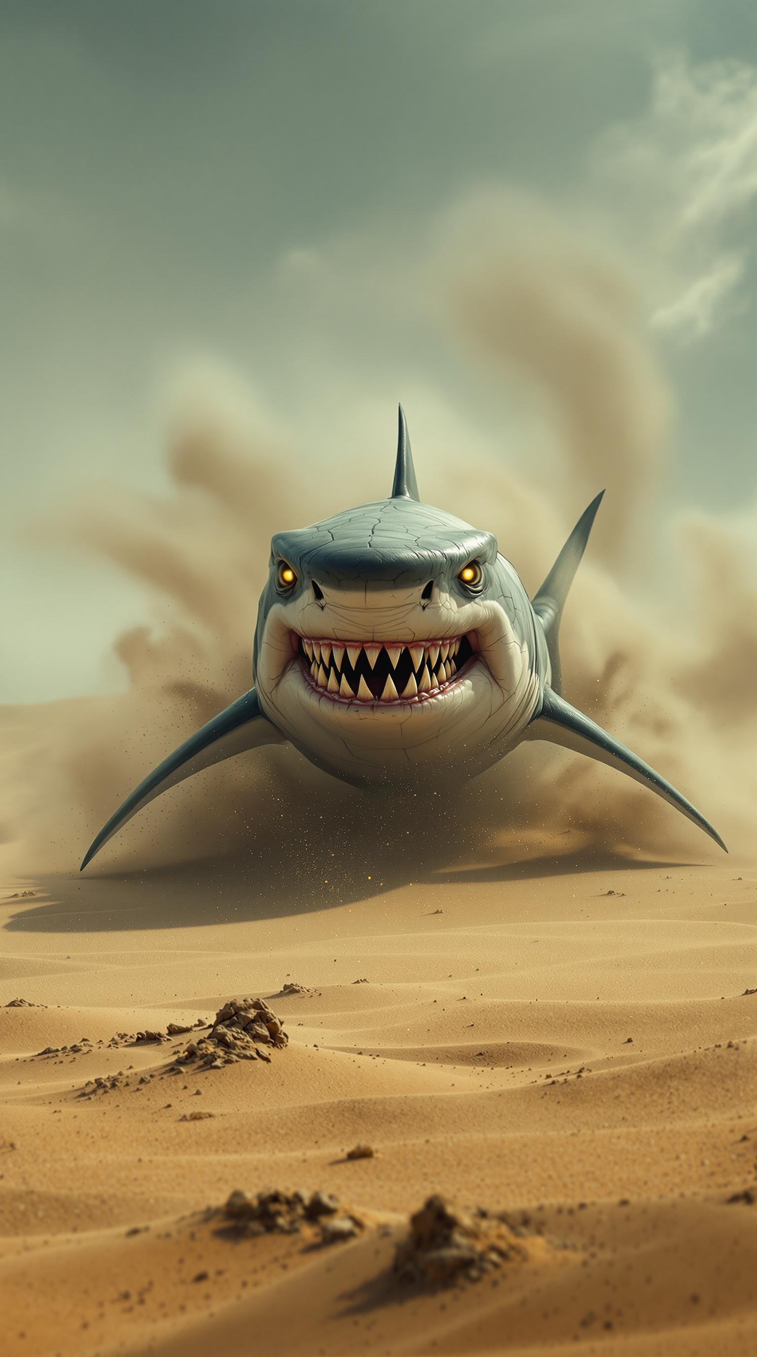 A great white shark that has adapted to survive in a sandy desert