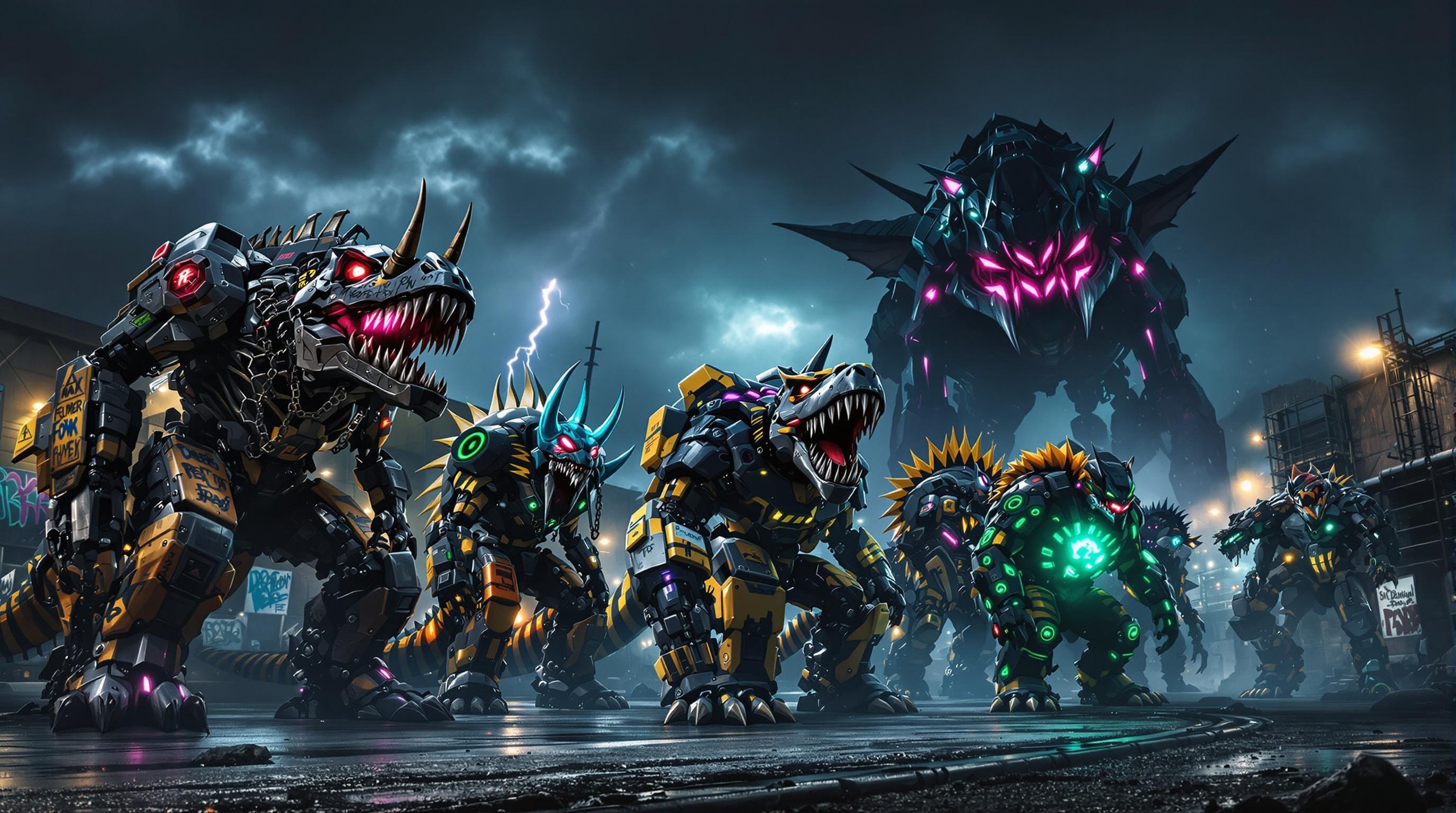 A lineup of emo-punk reimagined Dinosaur Zords, towering in a dar