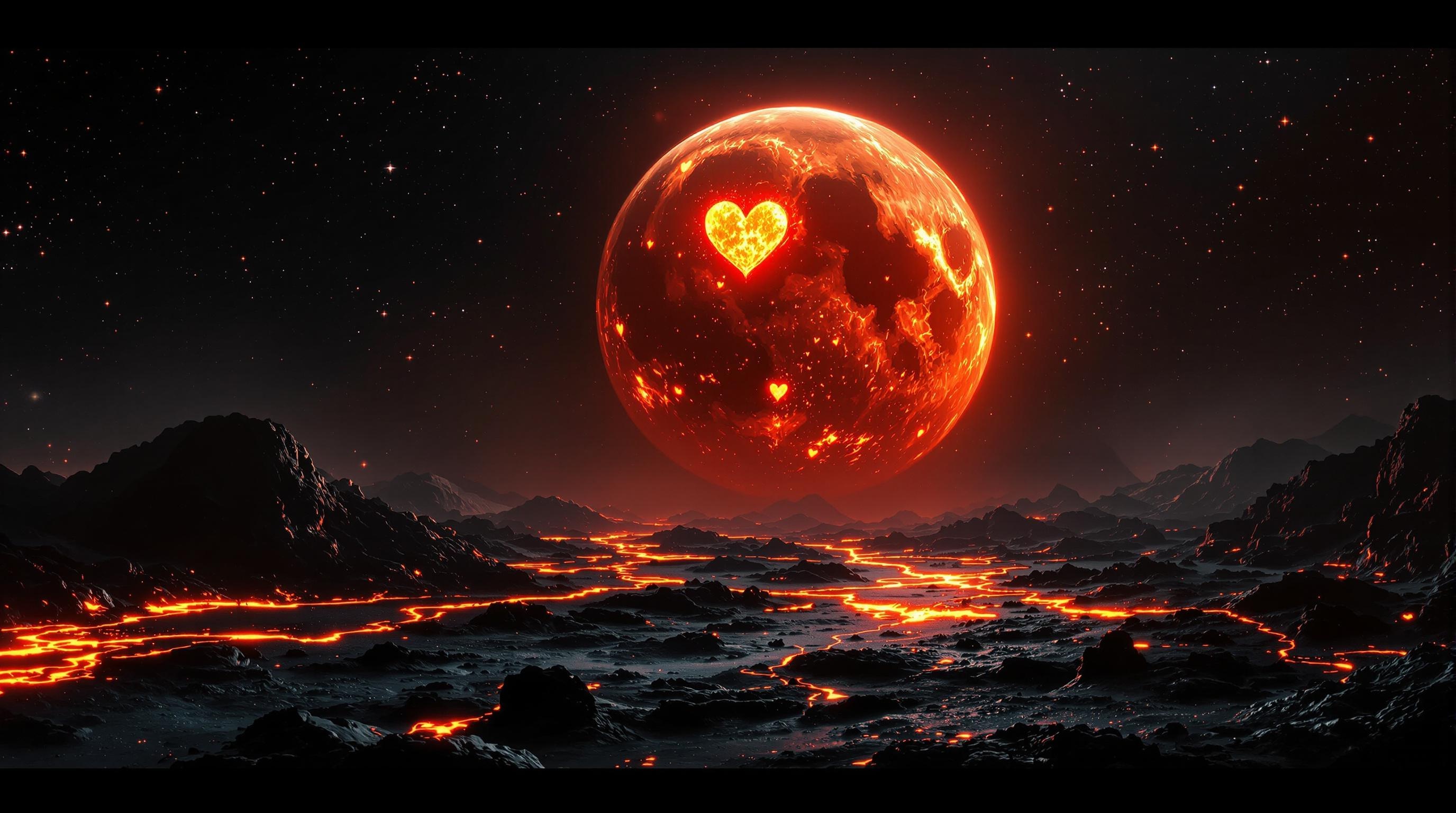 A moon weeping molten lava into space, craters shaped like broken