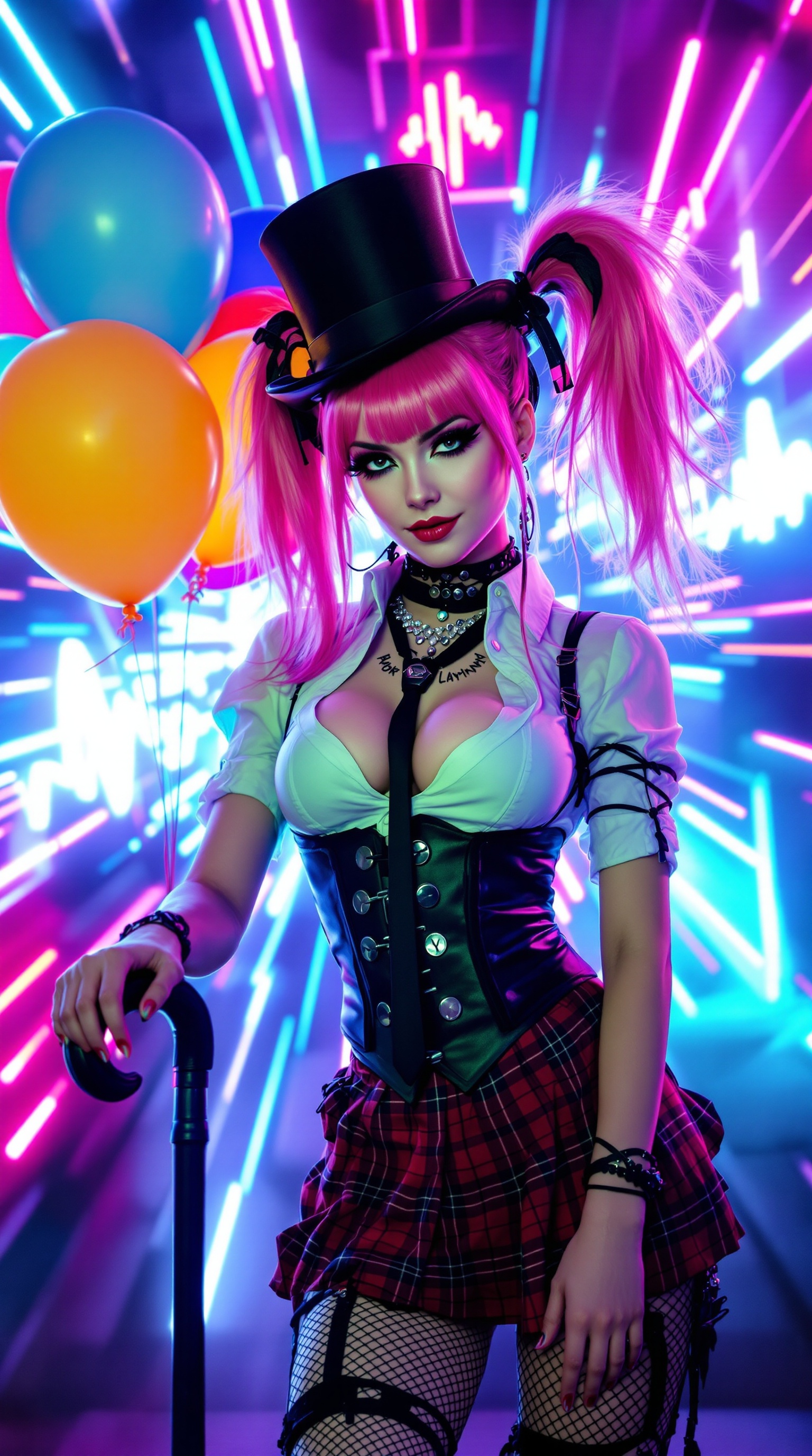 A punk-styled DJ mascot with high pigtails, emo makeup, and a til