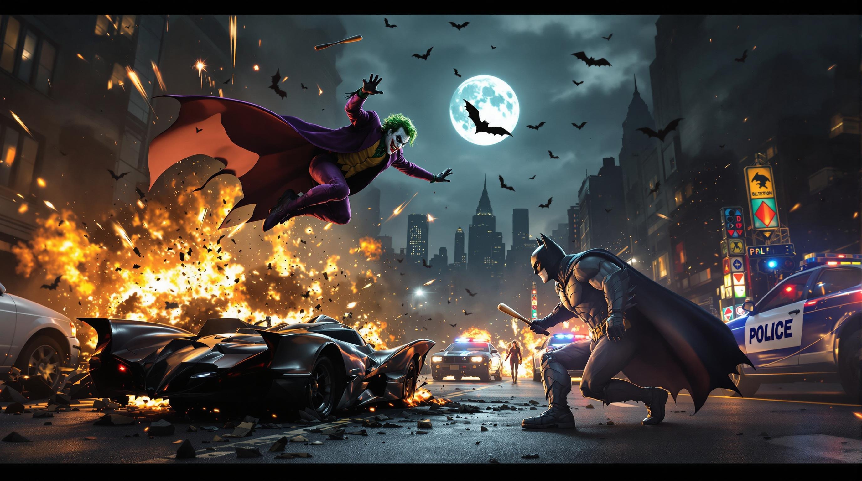 A realistic scene depicting an intense battle between the Joker a