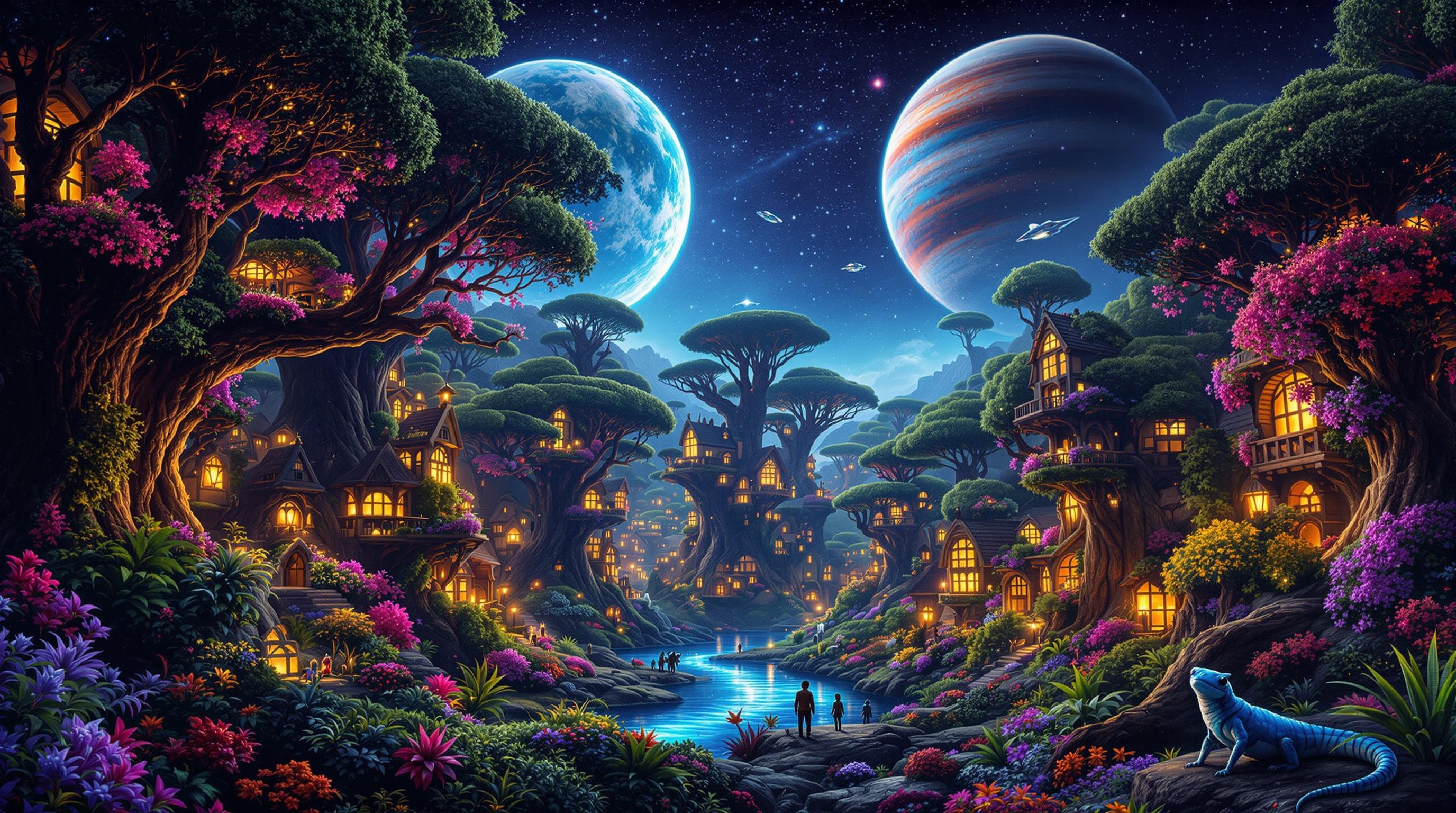 A vibrant, otherworldly landscape featuring towering, lush trees