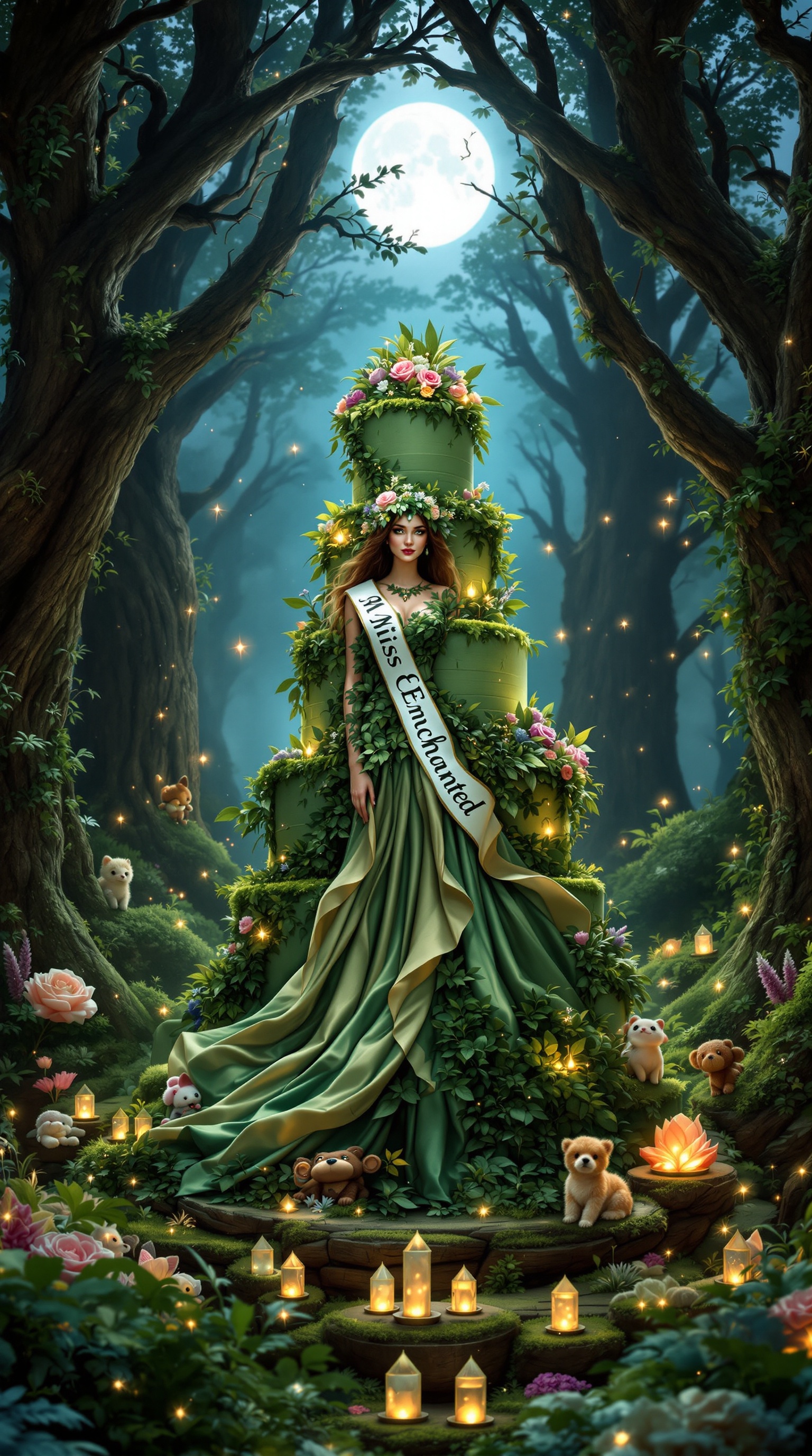 A whimsical enchanted forest birthday party scene at twilight, wi