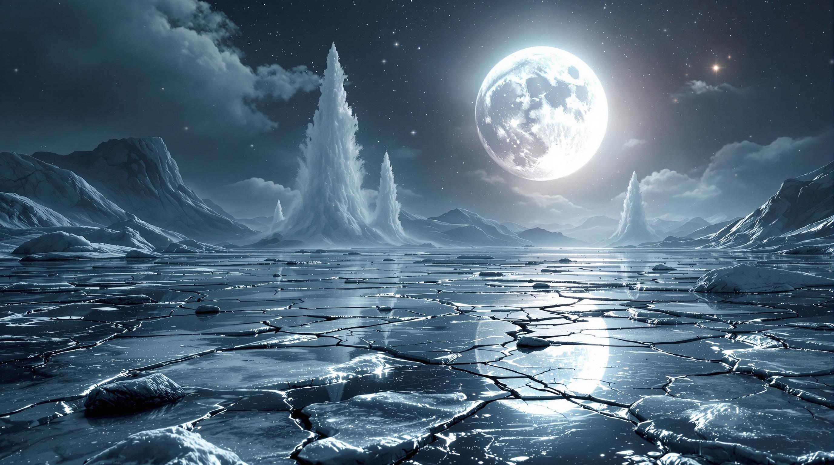 An icy moon with cracked reflective terrain, ghostly geysers erup