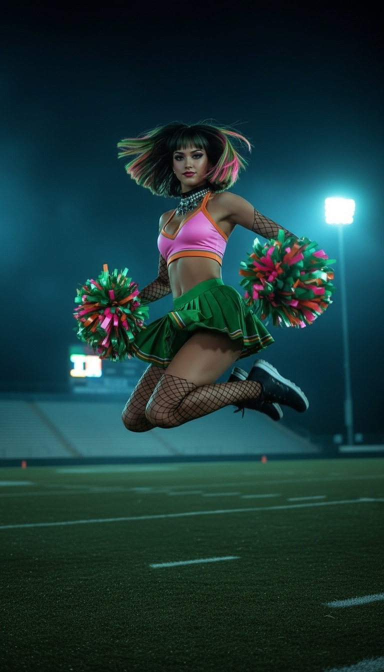 Cassie as an emo cheerleader standing under moody stadium lights