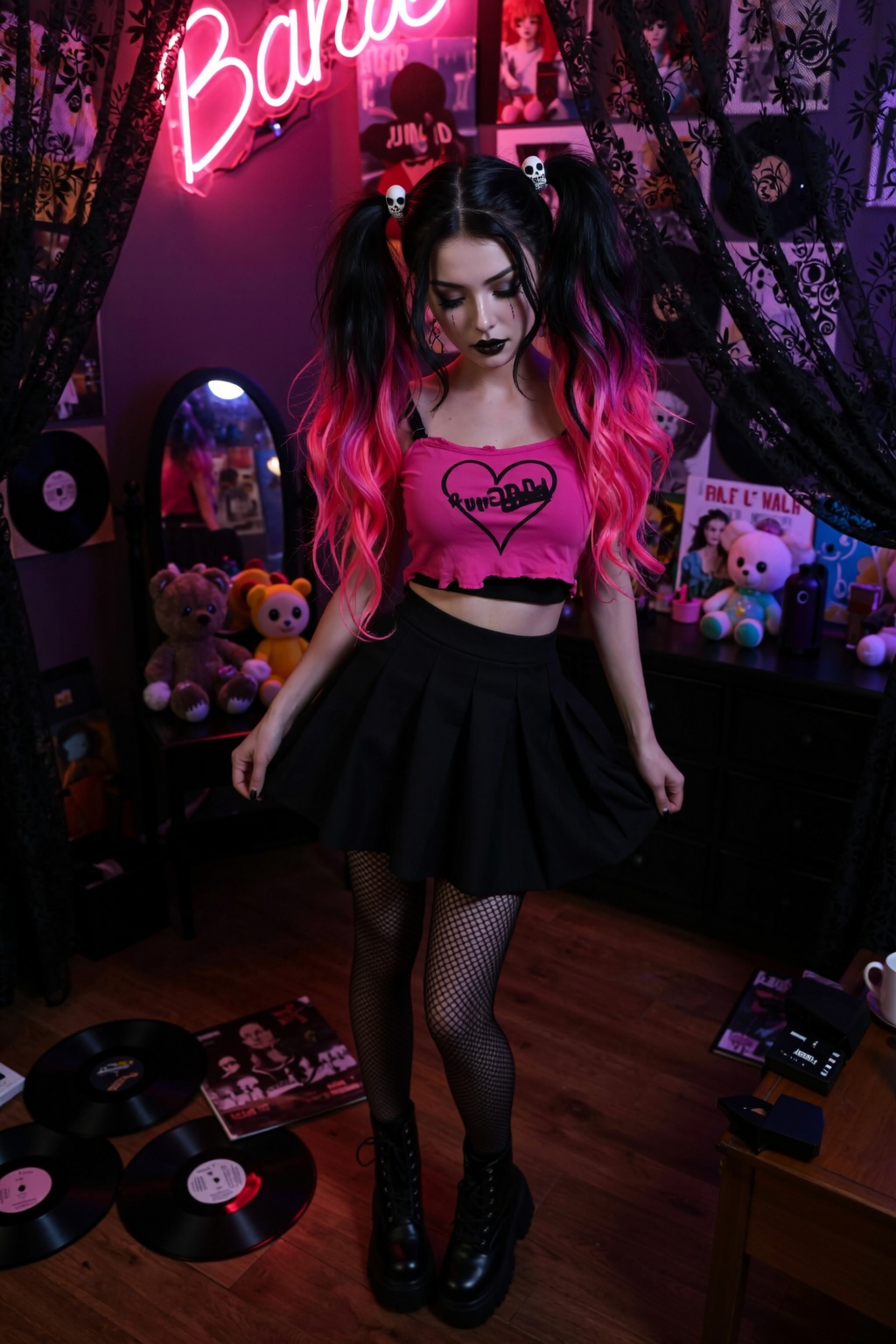 Emo Barbie standing in a dimly lit bedroom with black lace curtai