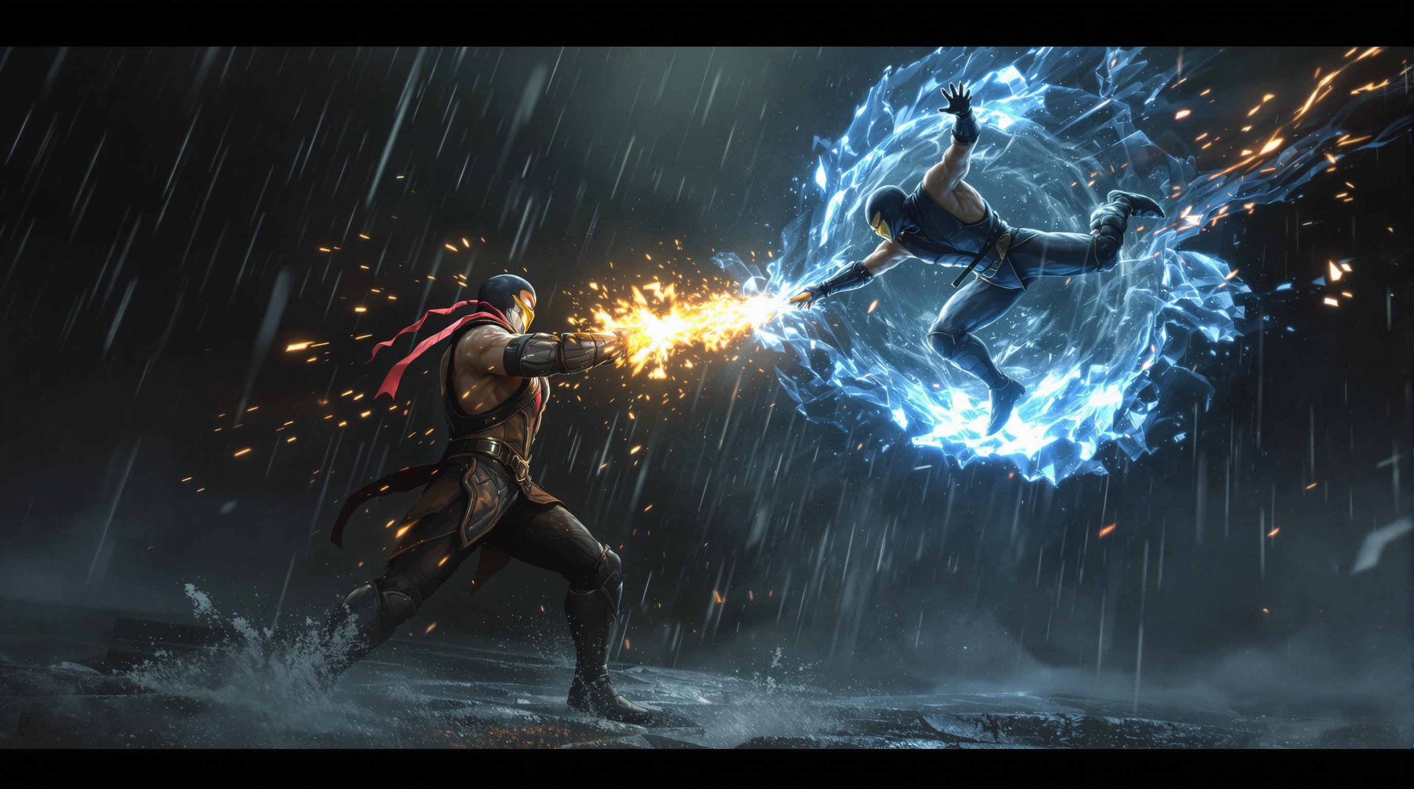 From Mortal Kombat, Sub-Zero in battle vs Scorpion, upgraded Suit