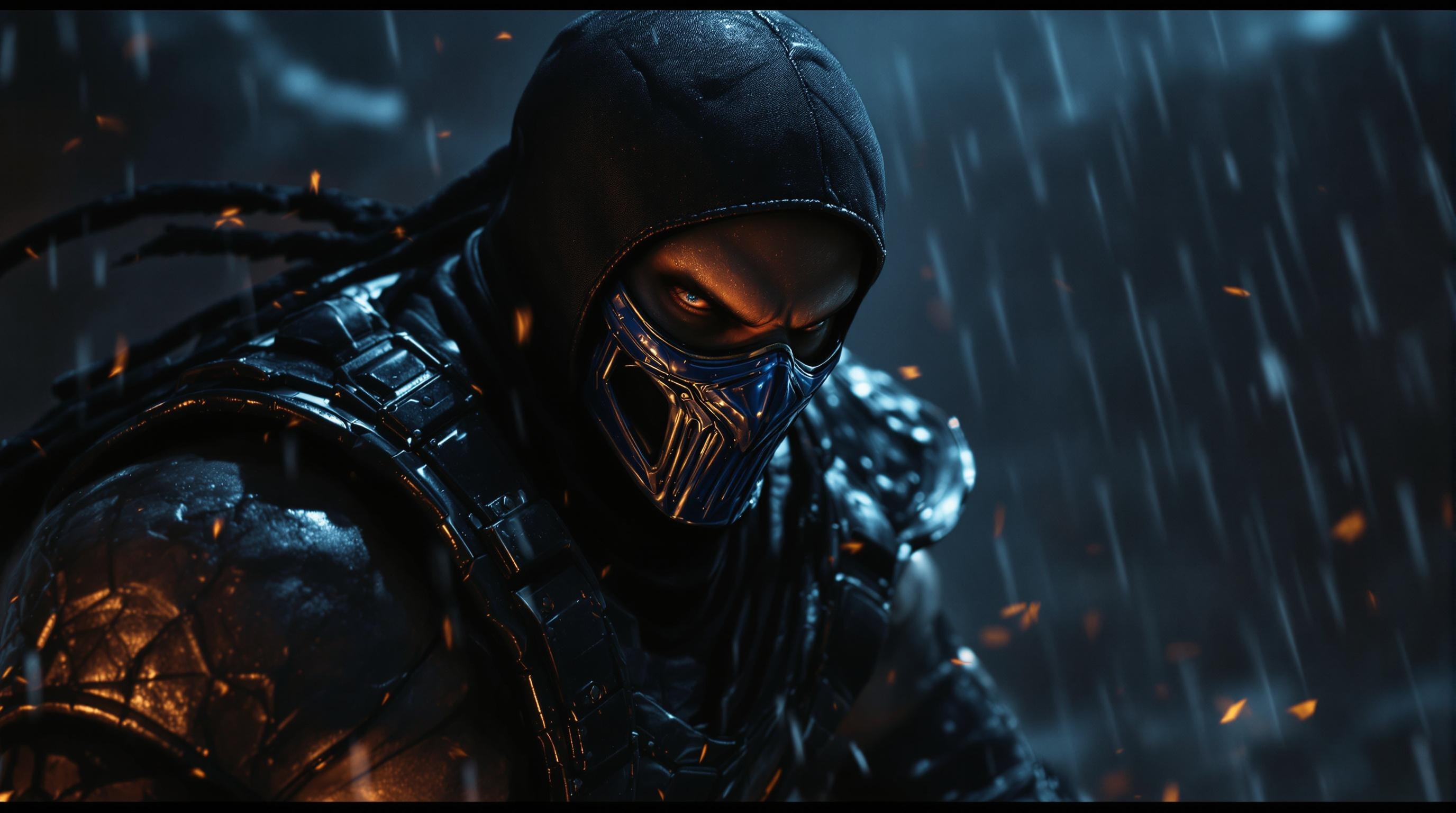 From Mortal Kombat, Sub-Zero in battle, upgraded Suit, dark tones
