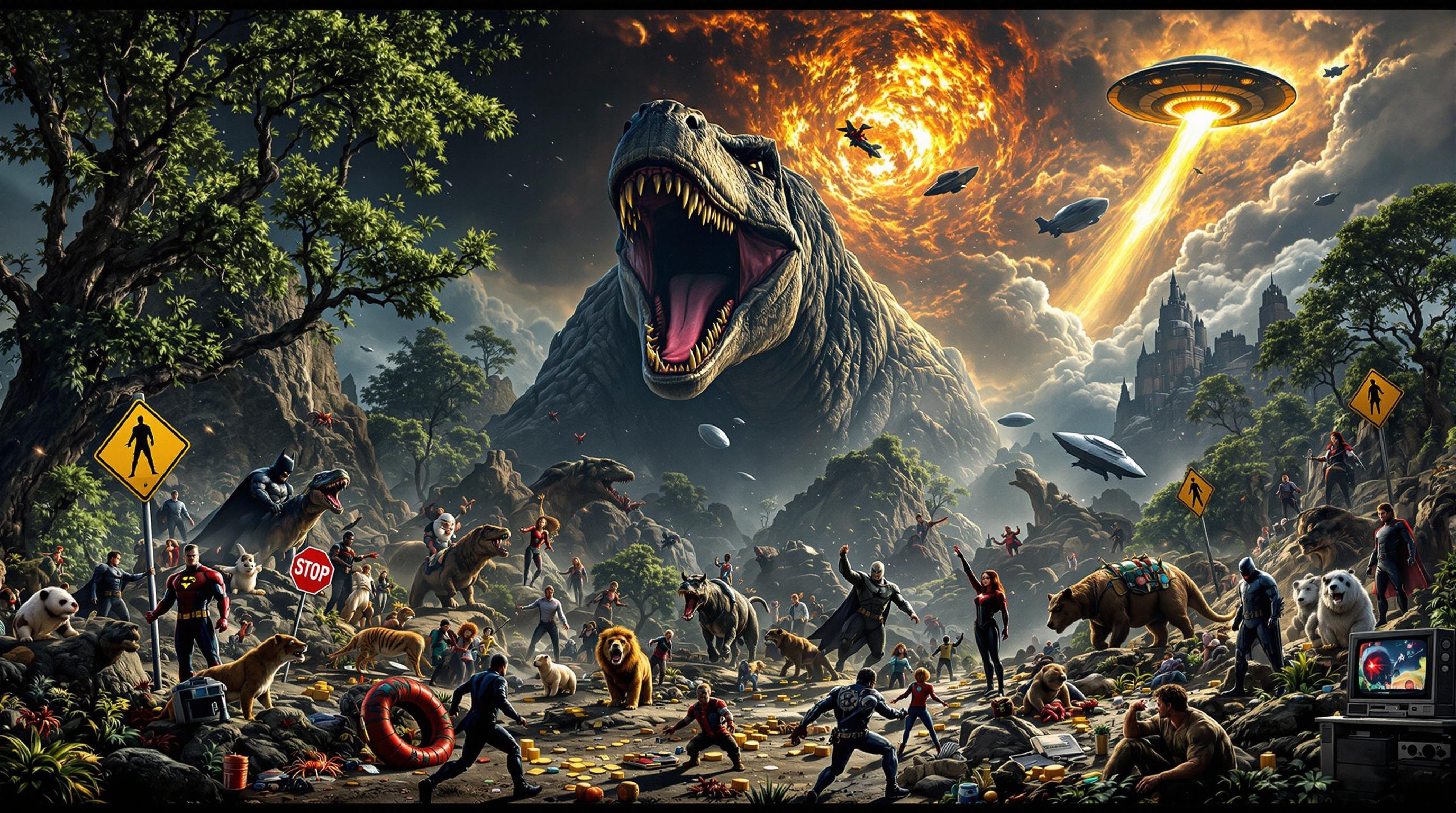 Hectic scene, fun search, prehistoric jungle filled with dinosaur