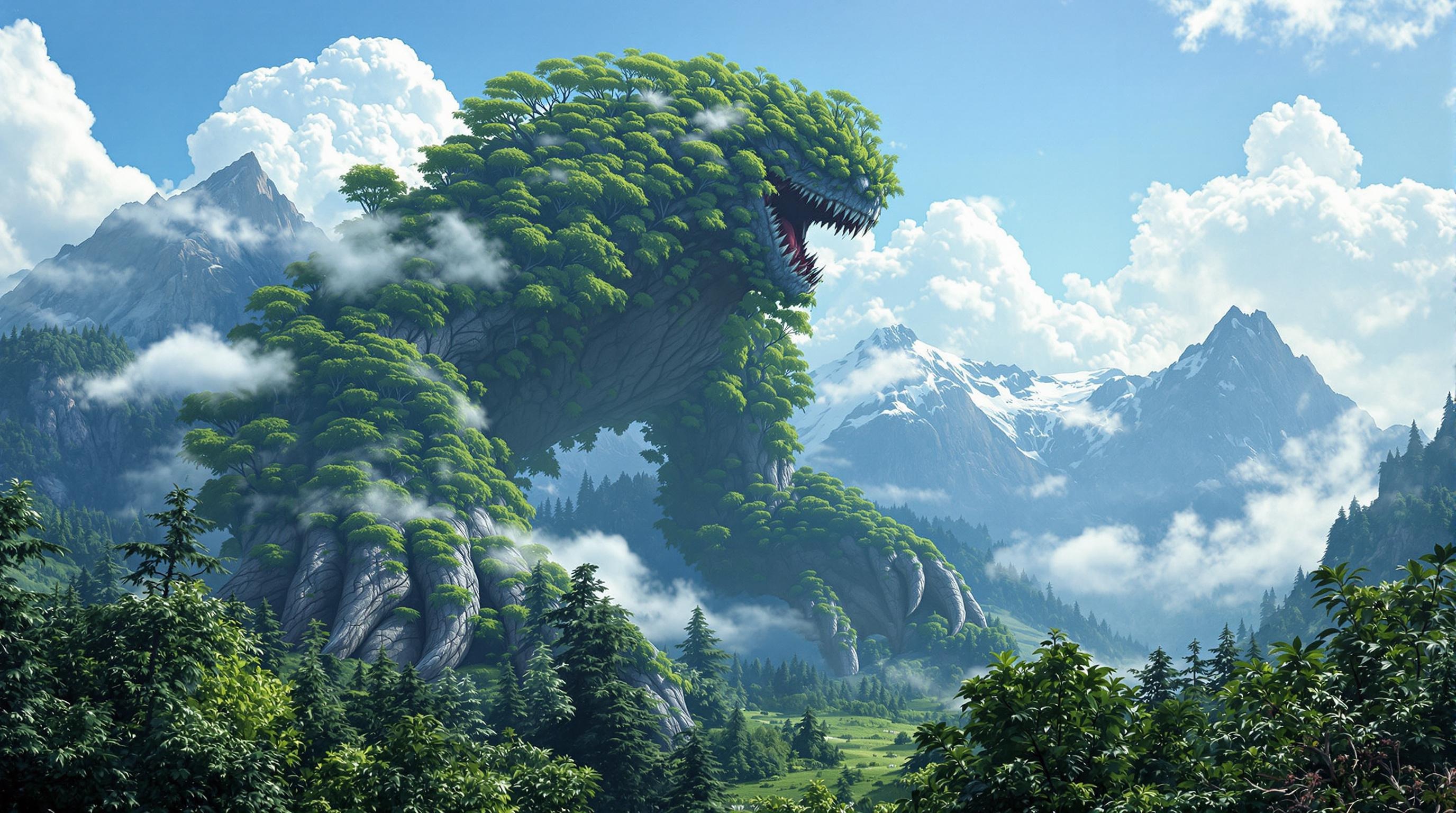 Realistic, creature covered in trees and greenery towering over a