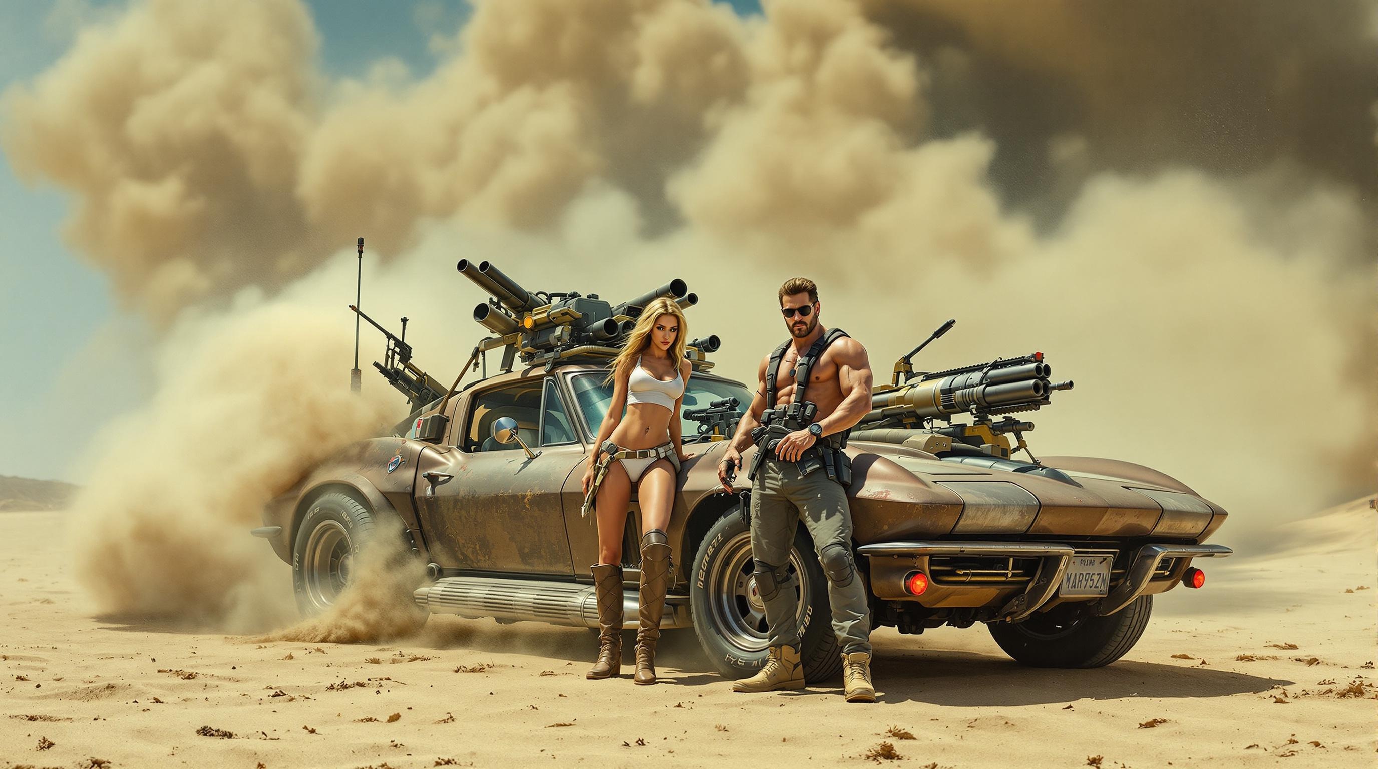 Source anime, man and woman posing with large automatic rifle lar