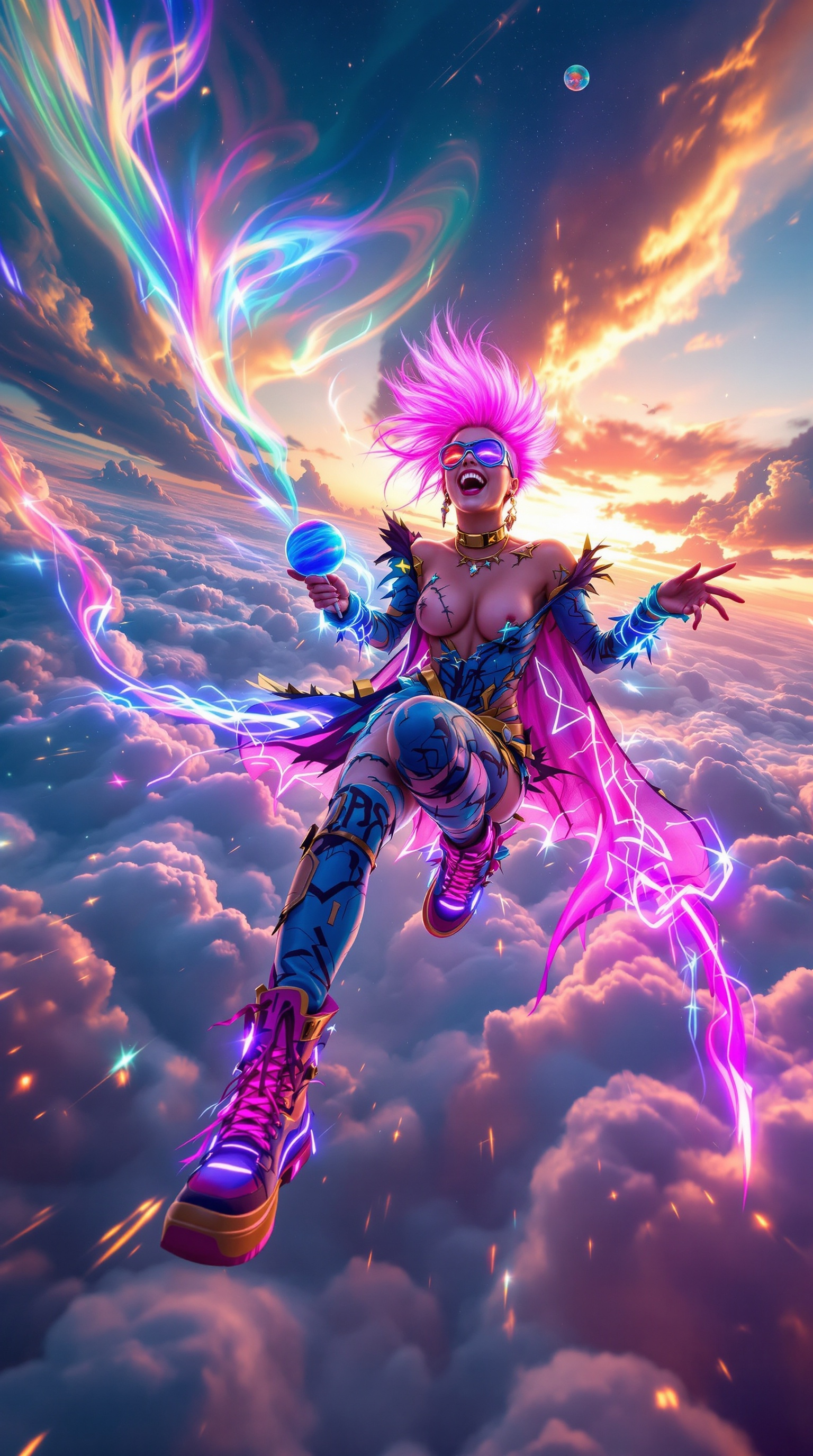 Supergirl floating high above the clouds, viewed from below with