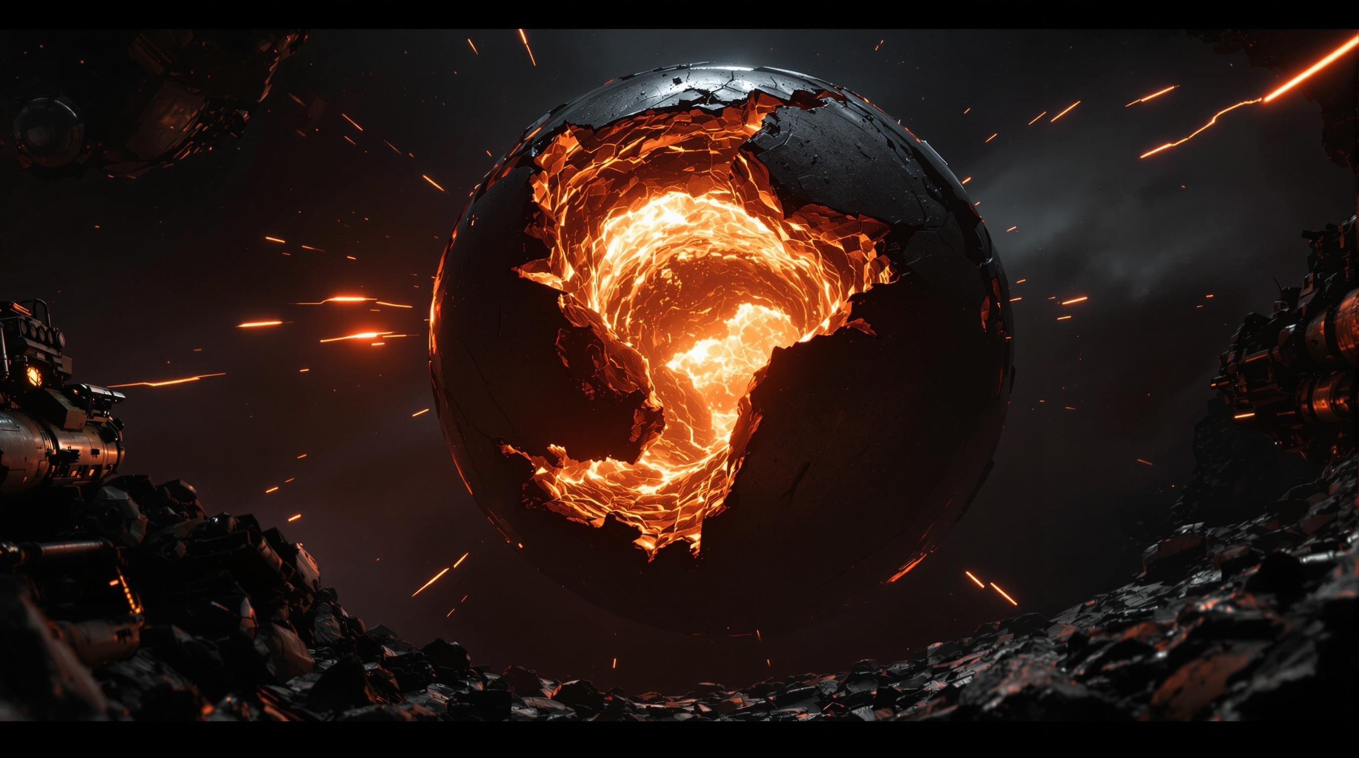 The Broken Planet Core, A fractured metallic sphere floating in d