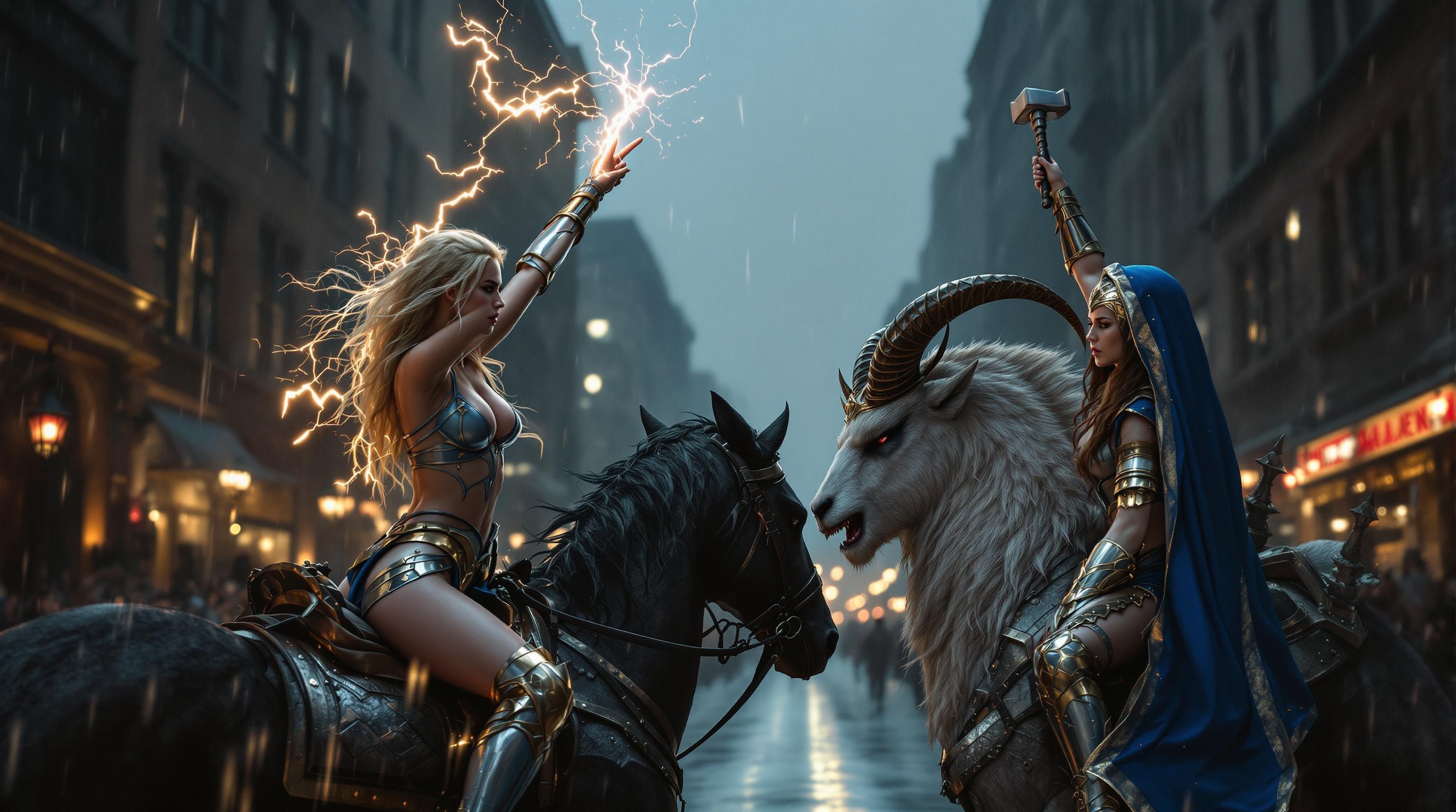 Two woman warriors prepare for a modern joust, lined up facing ea