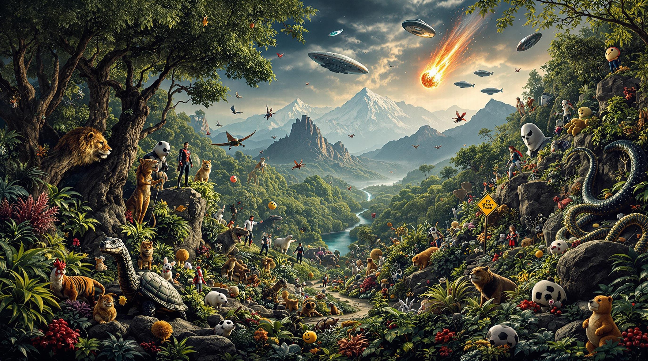 Visual object puzzle, thick prehistoric jungle covers the image,